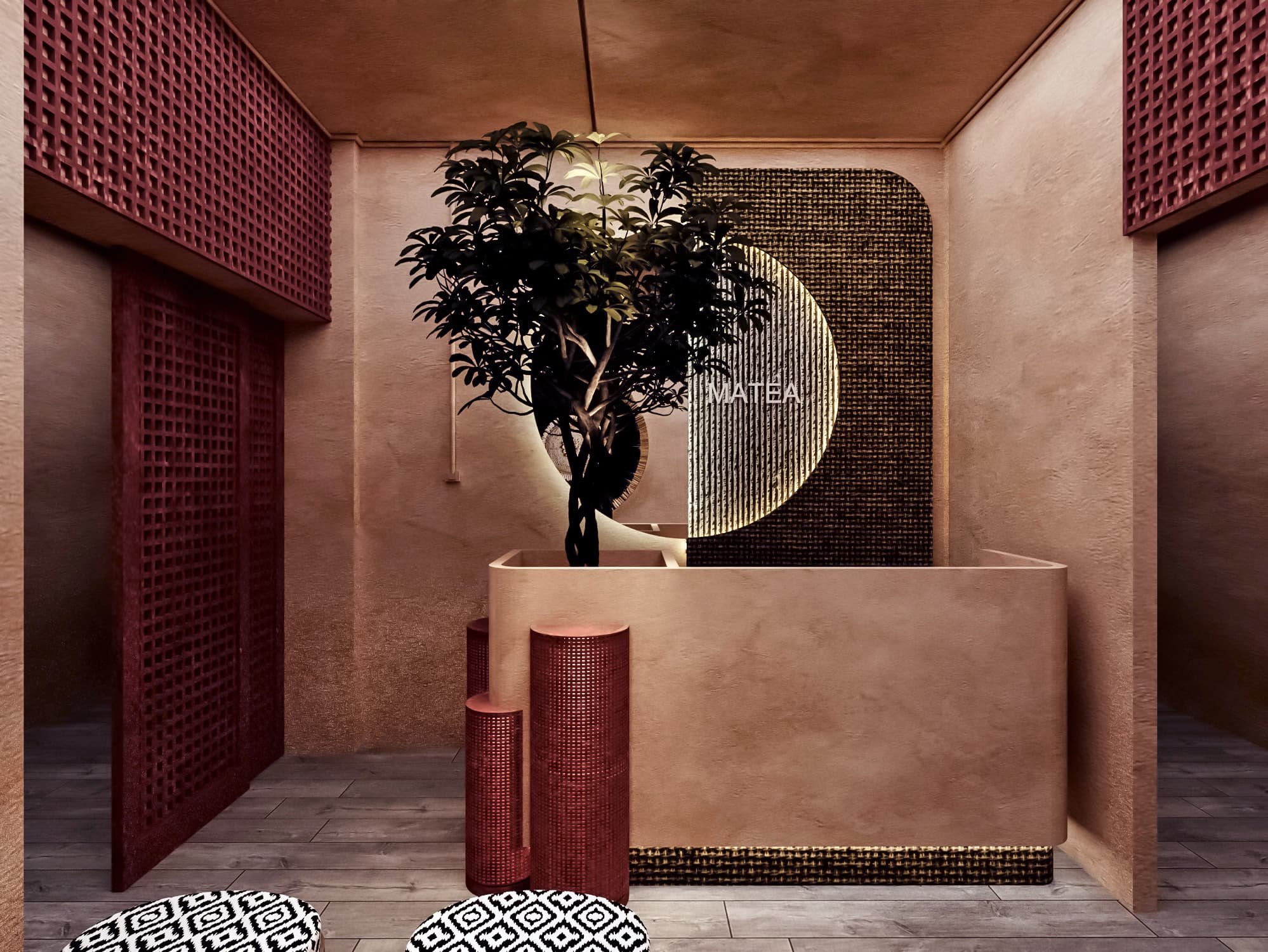 MATEA reception: warm plaster counter, carved oxblood screens and a single potted tree