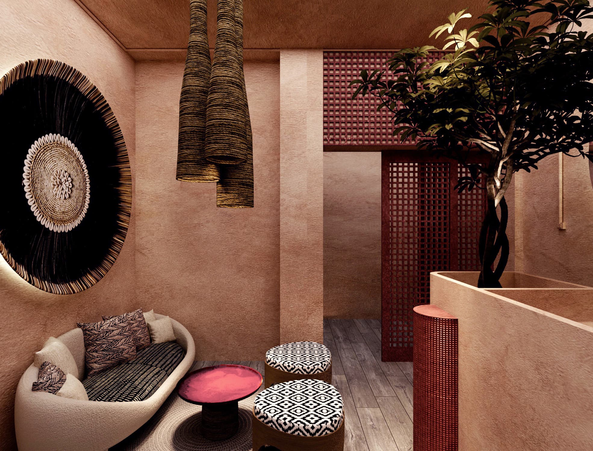 Lobby lounge with curved cream sofa, shell medallion and woven pendants