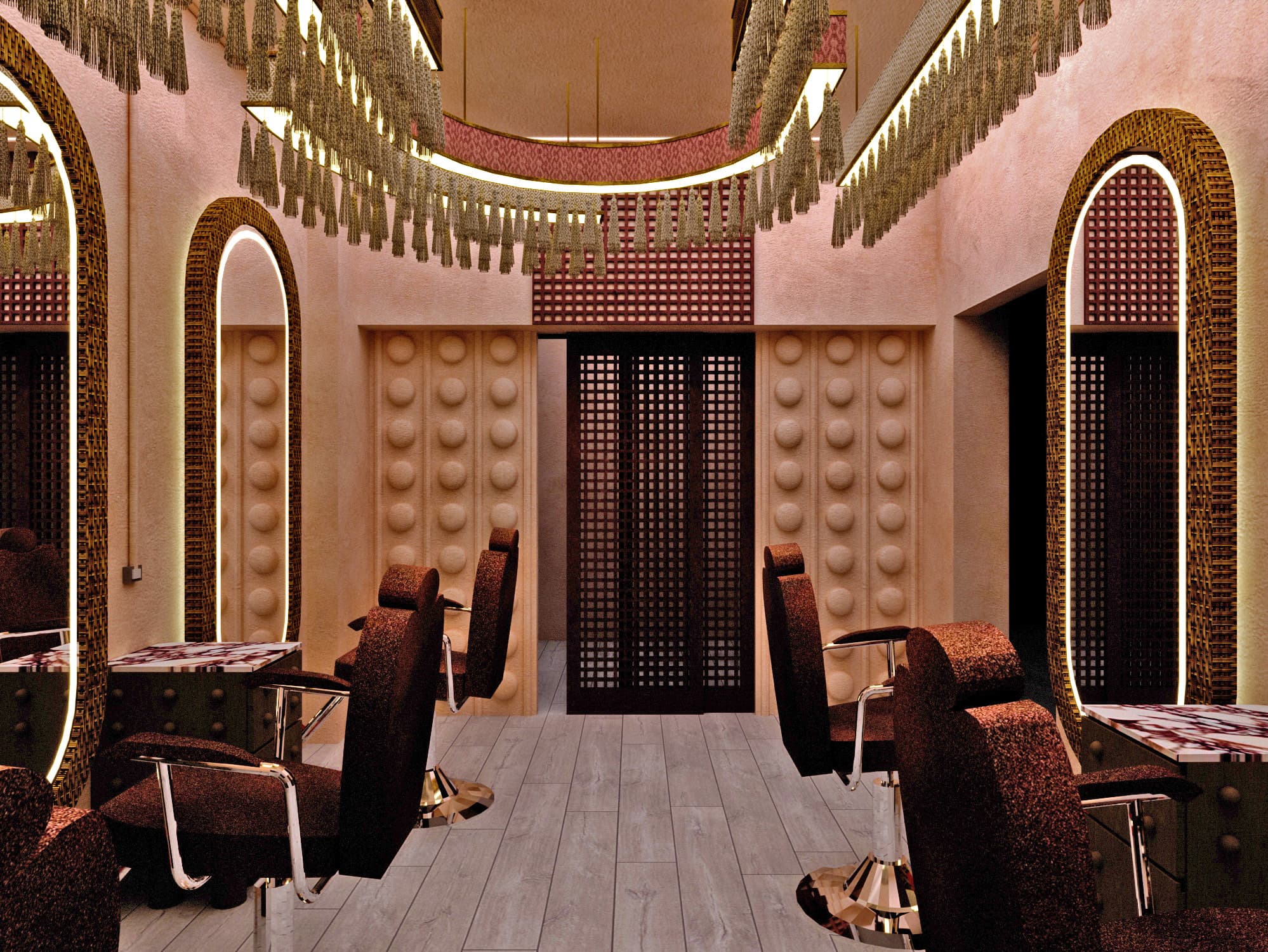 Hair styling room with arched lit mirrors, oxblood chairs and tasselled ceiling