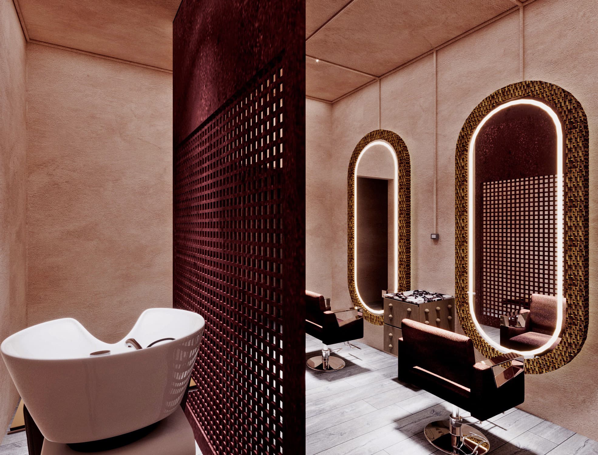 Wash basin behind an oxblood lattice screen, with lit oval mirrors beyond