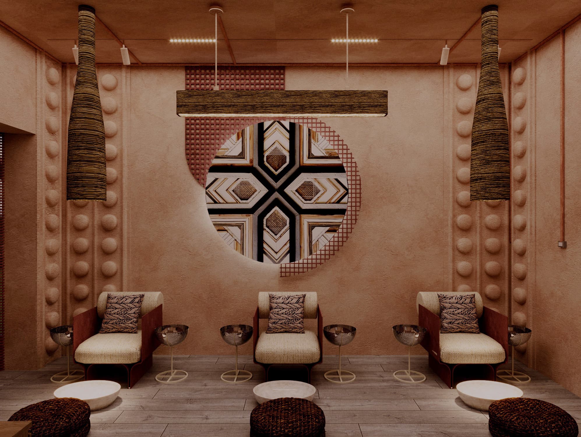 Pedicure lounge with three low chairs, woven pendants and a carved medallion wall