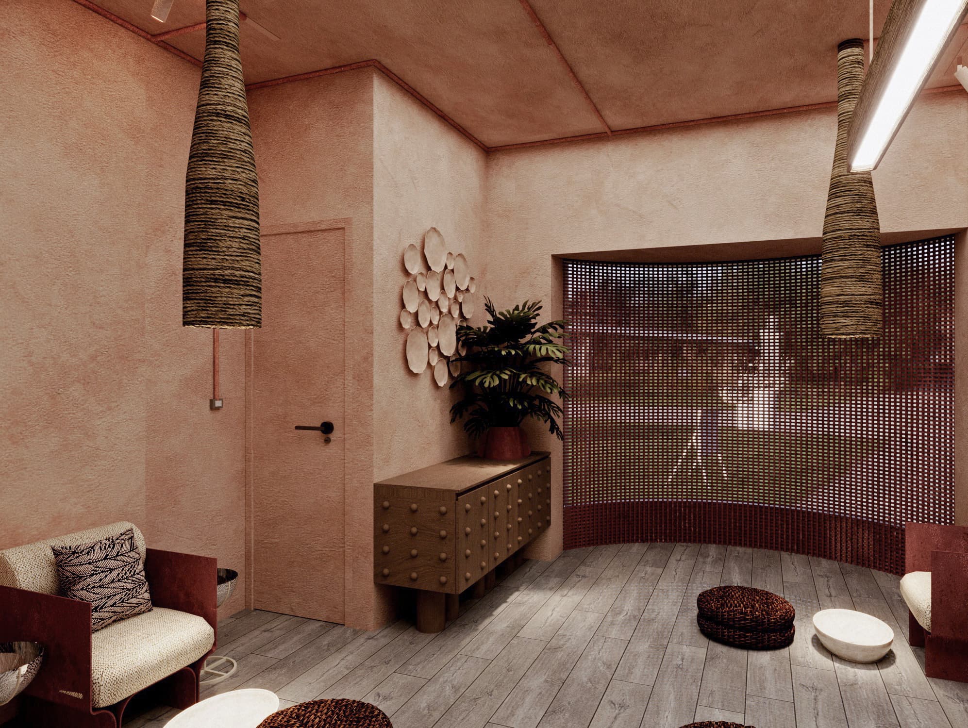 Nail area corner with woven pendants, low chairs and a curved lattice screen